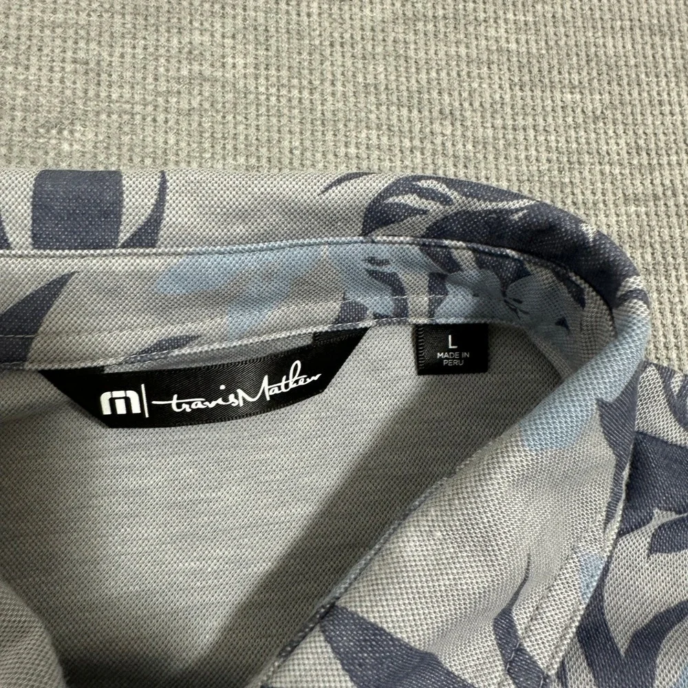 TravisMathew Floral Polo Shirt Tropical Leaf Print Gray‎ Blue Mens Size Large